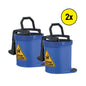 Two blue plastic floor cleaning buckets with black handles and yellow caution wet floor signs, shown on a white background with a yellow '2x' badge.