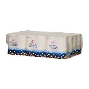 A shrink-wrapped bulk pack of OptiLUX 2-count toilet paper rolls, showing three individual rolls at the front with the brand name and logo visible against a plain white background.