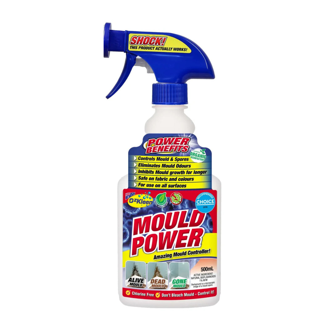 A bottle of Shock! Mould Power mould controller spray with a blue trigger sprayer and a white plastic bottle, featuring a colorful label with red, yellow, and blue graphics.