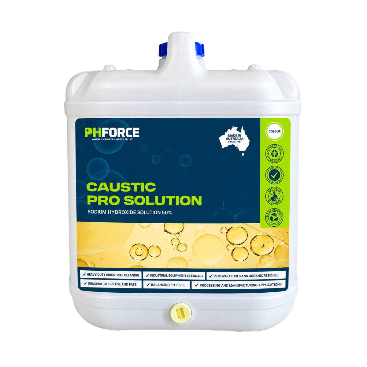 A large white plastic jerrycan of PH Force Caustic Pro Solution, featuring a dark blue and yellow label with product details and application icons.