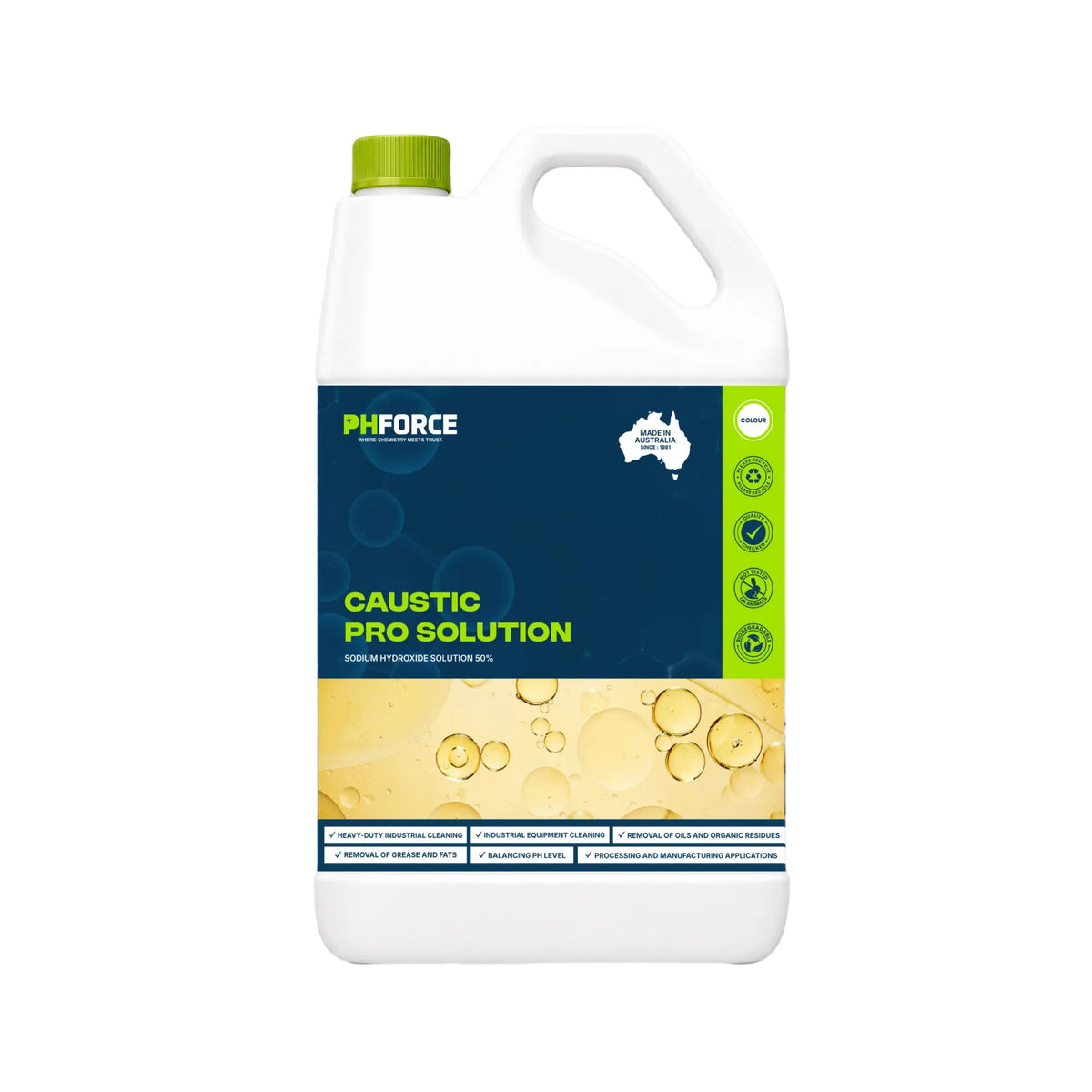 A white plastic jug of PHFORCE Caustic Pro Solution with a dark blue and yellow label, featuring a green cap and a green side panel with icons.