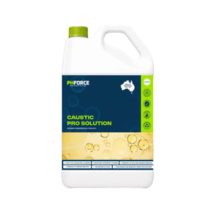 A white plastic jug of PHFORCE Caustic Pro Solution with a dark blue and yellow label, featuring a green cap and a green side panel with icons.