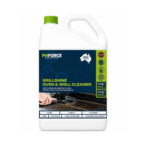A white plastic bottle of PH Force Grillshine Oven & Grill Cleaner with a green cap and a dark blue label, shown on a plain white background.