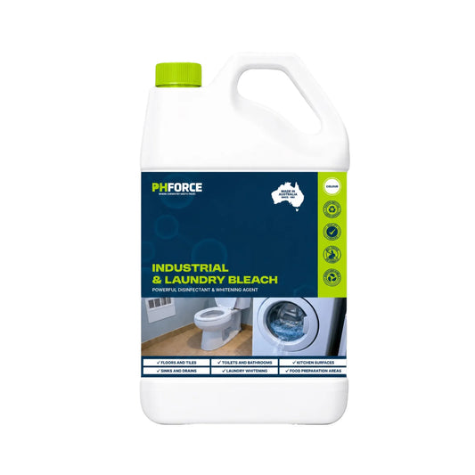 A white plastic jug of PHFORCE Industrial & Laundry Bleach with a bright green cap and a dark blue label, shown on a plain white background.