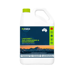 A white plastic jug of PHFORCE Lastmist Air Freshener & Deodorizer with a bright green cap and a dark blue label featuring a mountain landscape and product details.