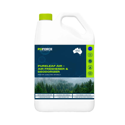 A white plastic bottle of PH Force Pureleaf Air Air Freshener and Deodorizer with a bright green cap and a dark blue label featuring a forest graphic.