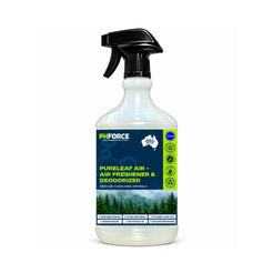 A PHFORCE Pureleaf Air Freshener & Deodorizer spray bottle on a white background. The bottle is made of semi-transparent white plastic with a black trigger spray top and features a dark blue label with green and yellow text and a forest graphic.