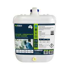 A large white plastic jerrycan of PH Force R1 Care Concentrate Glass Cleaner with a blue cap and a detailed product label, shown on a plain white background.