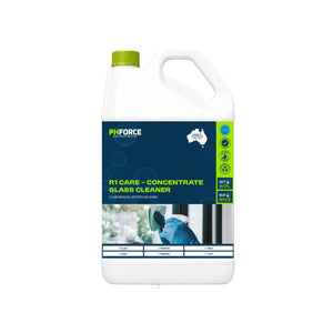A white plastic jug of PH:FORCE R1 Care Concentrate Glass Cleaner with a green cap and a dark blue label, shown on a plain white background.