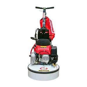 A red and black cordless floor buffer/mopler machine with a circular white base, shown on a plain white background. The machine features a red protective cover, a black seat, and a visible Honda engine.