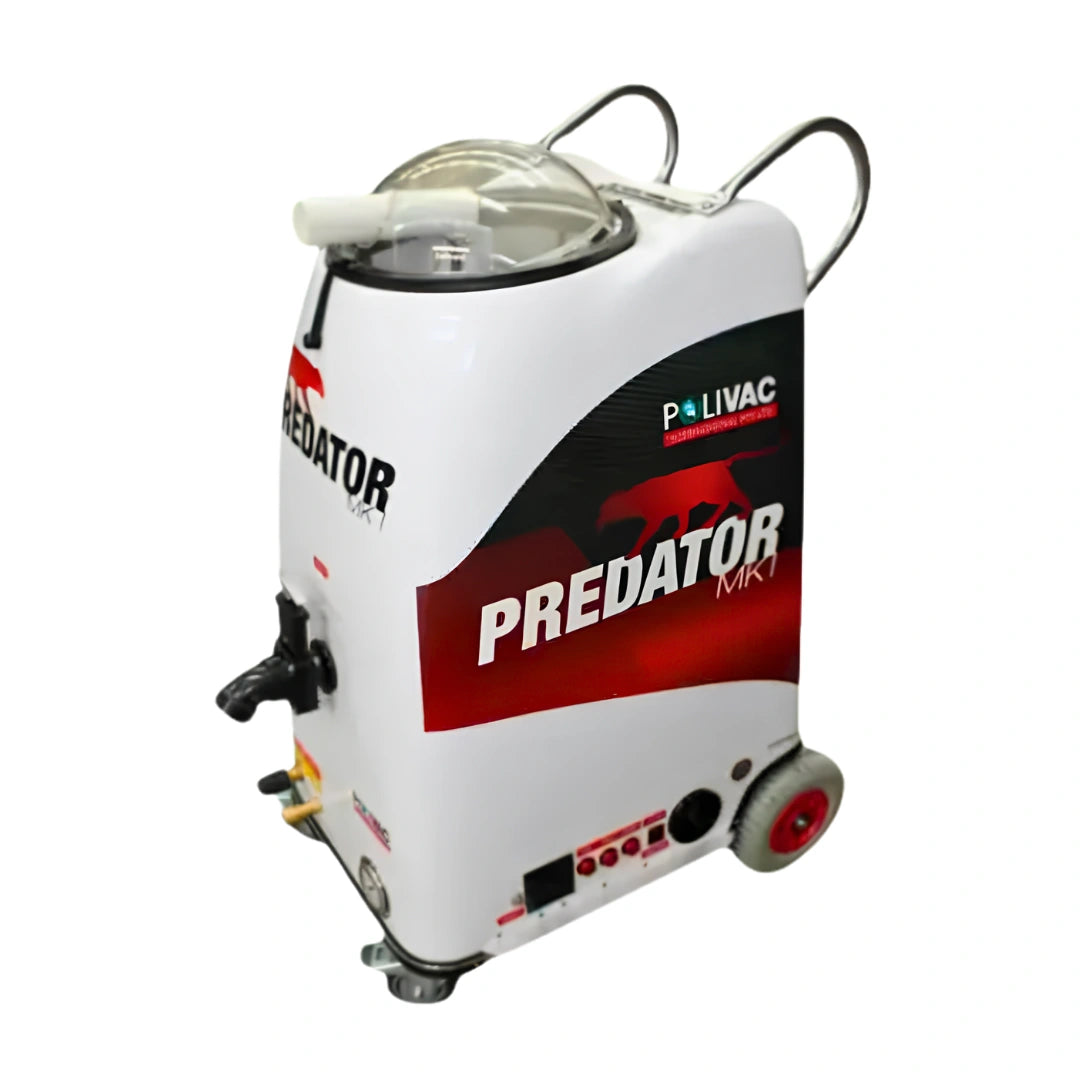 A white Livac Predator MK1 wet vacuum cleaner with a clear dust cup, black and red branding, and dual wheels, shown on a plain white background.