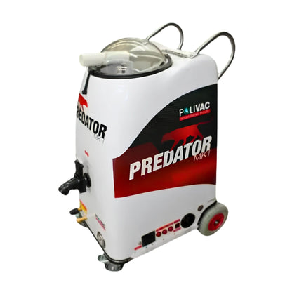 A white Livac Predator MK1 wet vacuum cleaner with a clear dust cup, black and red branding, and dual wheels, shown on a plain white background.