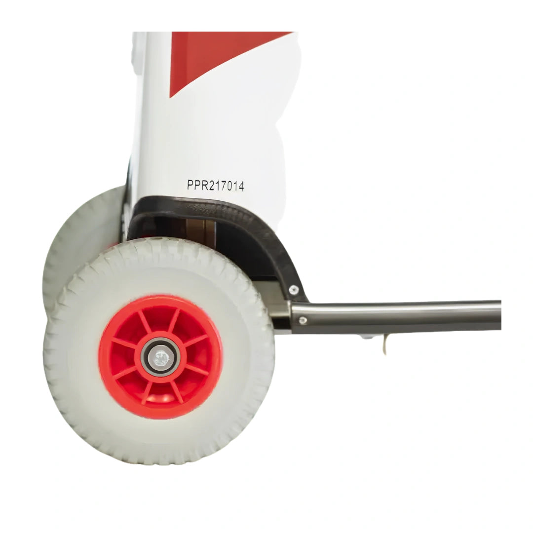 Close-up of a wheeled cart or dolly with a white tire, red wheel hub, black fender, and part of a white body panel with a red graphic and printed code PPR217014.