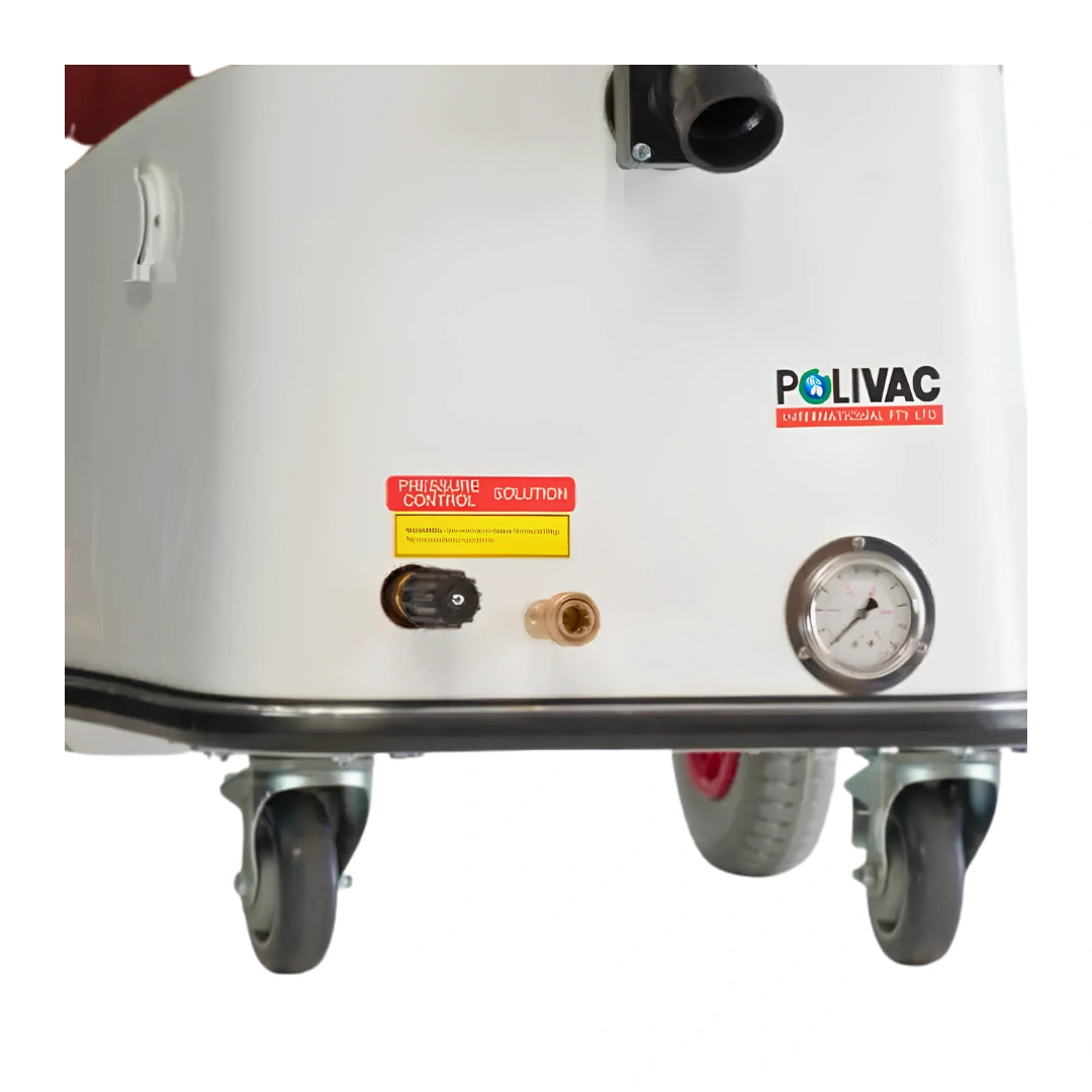 Close-up of the side of a white POLIVAC industrial machine with caster wheels, a pressure gauge, a small yellow warning label, and a black outlet pipe on a white background.
