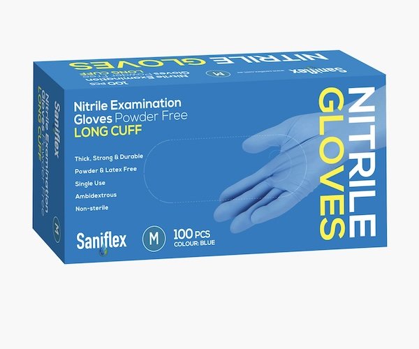 Saniflex Nitrile Glove Long Cuff Blue Medium, 100 pcs Pack