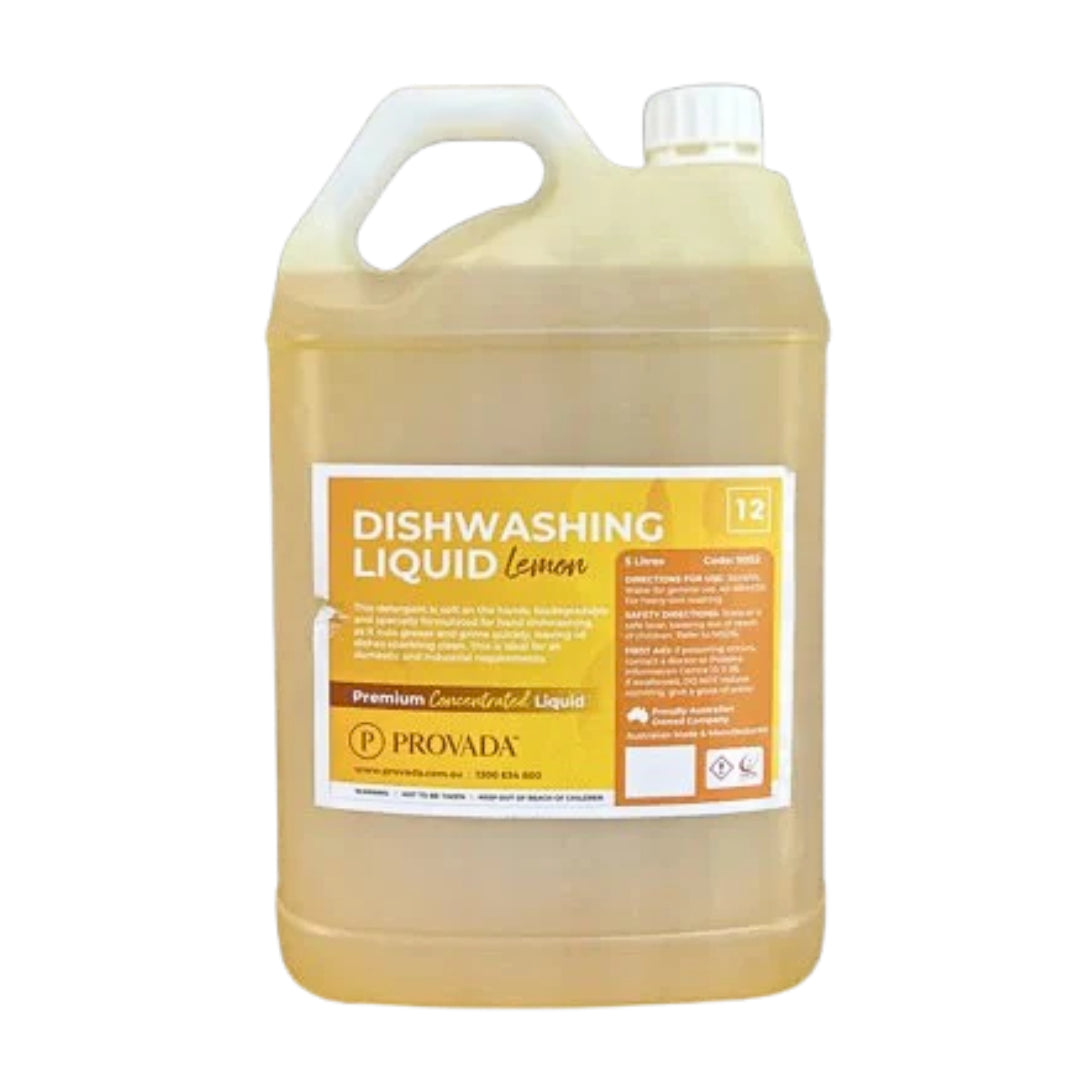 A 12-liter plastic jug of Provada Dishwashing Liquid in Lemon scent, filled with a pale yellow liquid, featuring a white handle and cap with a yellow and white label.