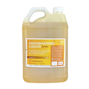 A 12-liter plastic jug of Provada Dishwashing Liquid in Lemon scent, filled with a pale yellow liquid, featuring a white handle and cap with a yellow and white label.