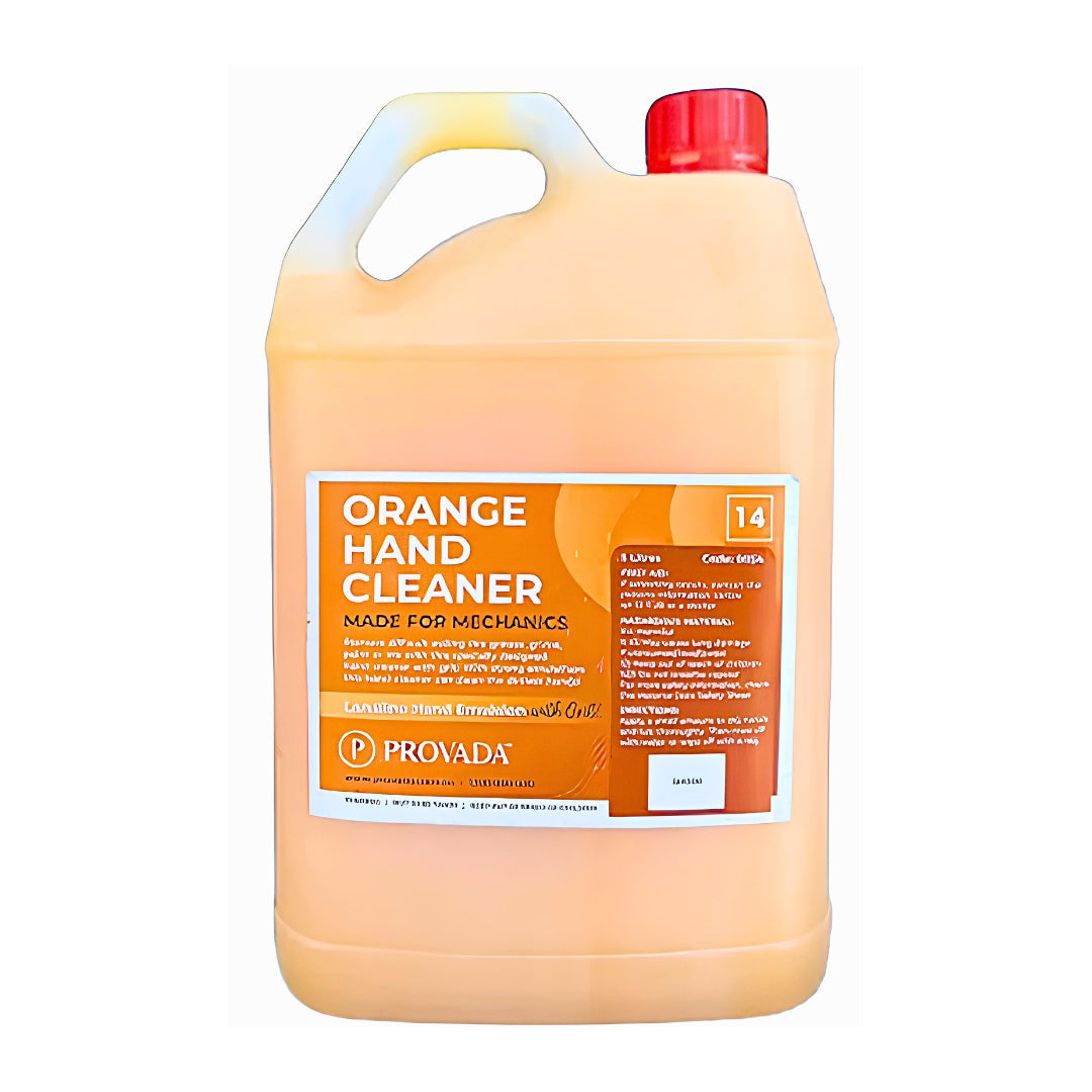 A large plastic jug of Provada Orange Hand Cleaner with a red cap, filled with orange liquid, on a white background.