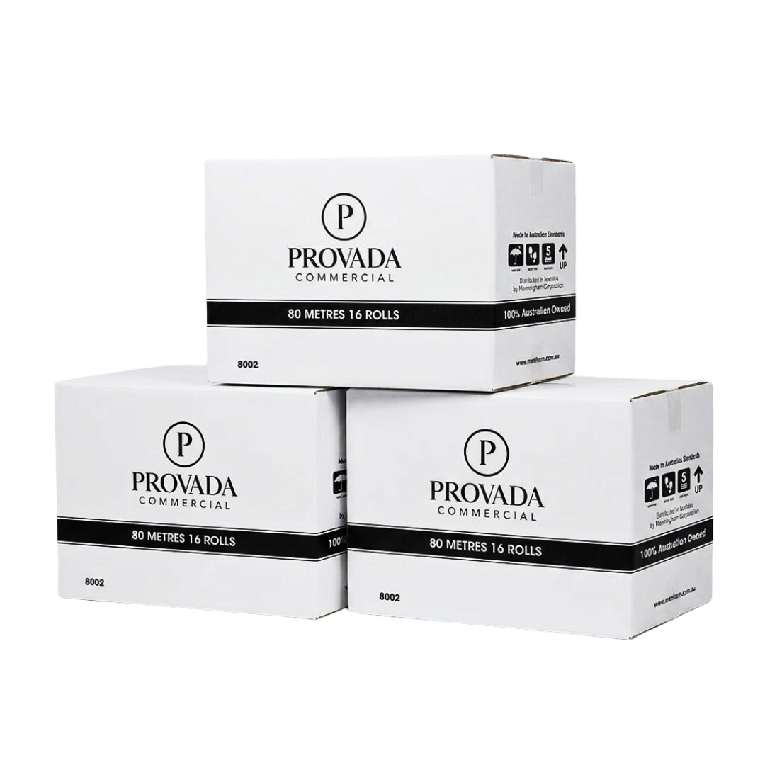 Three white cardboard boxes of Provada Commercial 80 metres 16 rolls stacked in a pyramid arrangement on a white background.