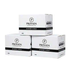 Three white cardboard boxes of Provada Commercial 80 metres 16 rolls stacked in a pyramid arrangement on a white background.