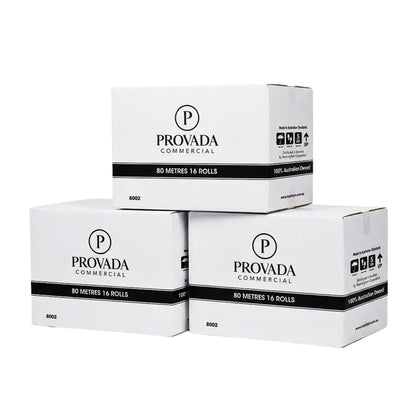 Three white cardboard boxes of Provada Commercial 80 metres 16 rolls stacked in a pyramid arrangement on a white background.