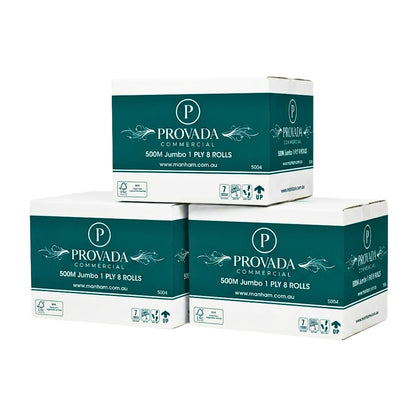 Three stacked boxes of Provada Commercial 500M Jumbo 1 Ply 8 Rolls on a plain white background.