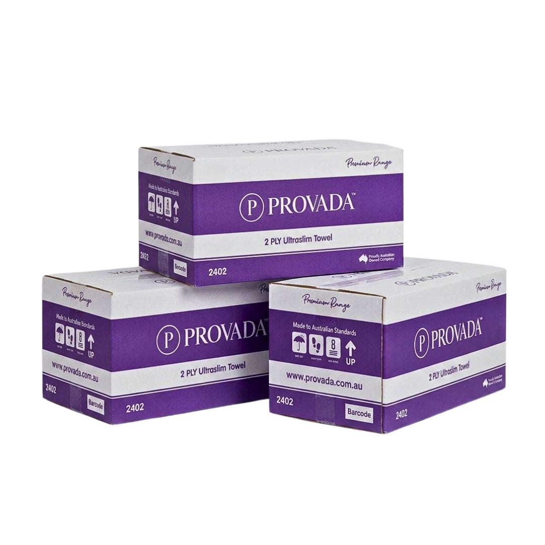 Three cardboard boxes of Provada Premium Series 2 RV UltraSlim Towel stacked together on a white background.