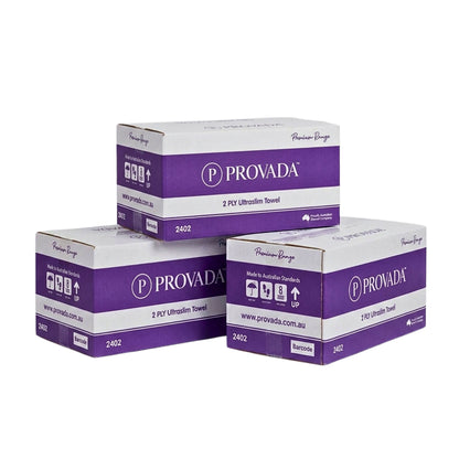 Three cardboard boxes of Provada Premium Series 2 RV UltraSlim Towel stacked together on a white background.
