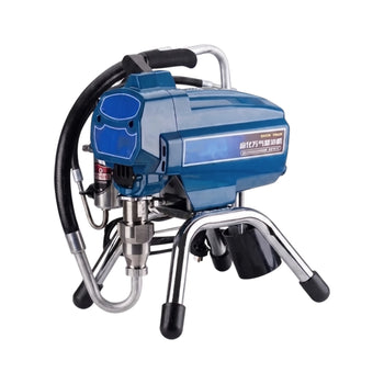 A blue and silver pneumatic paint sprayer with black hoses, metal legs, and black protective caps, shown on a plain white background.