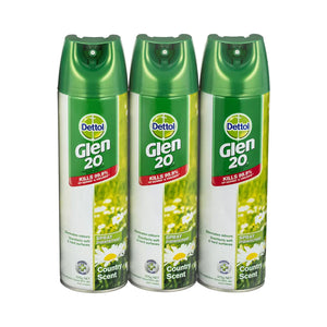 Three aerosol spray cans of Dettol Glen 20 Country Scent insect repellent and disinfectant, arranged side by side on a white background.