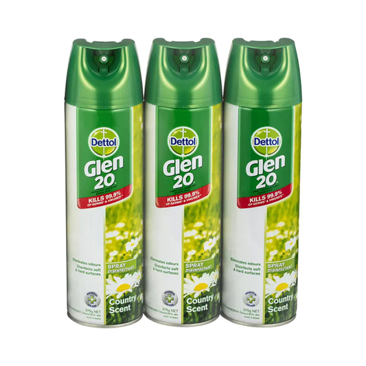 Three aerosol spray cans of Dettol Glen 20 Country Scent insect repellent and disinfectant, arranged side by side on a white background.