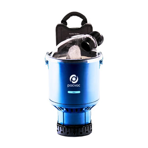 A blue Pacvac pump with a clear hose, white mesh filter, and black carrying case on a white background.