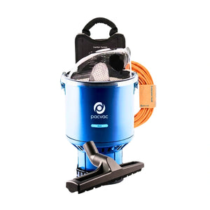 A blue Pacvac cordless vacuum cleaner with a black floor head, an orange power cord, and a black carrying case, displayed on a clean white background.