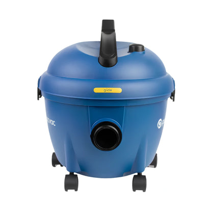 A blue wet/dry vacuum cleaner with a black handle, black wheels, and a small yellow label on the front, shown against a plain white background.
