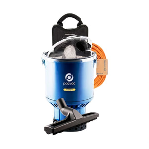Pacvac cordless sump pump in a blue bucket with a black handle, orange hose, and black floor adapter, shown on a white background.