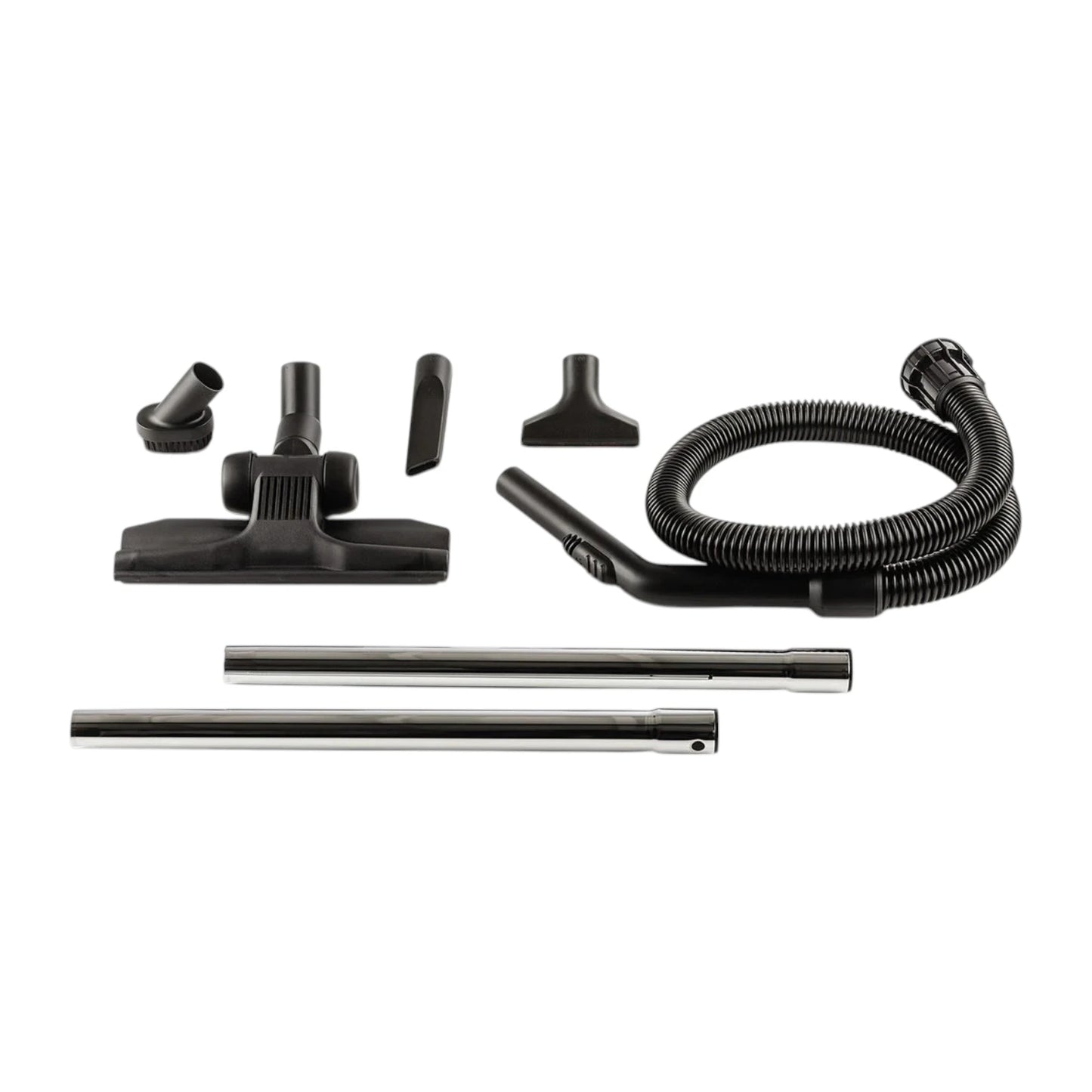 Black and silver vacuum cleaner attachment kit with a flexible hose, various nozzle attachments, and two long metal rods, displayed on a solid white background.