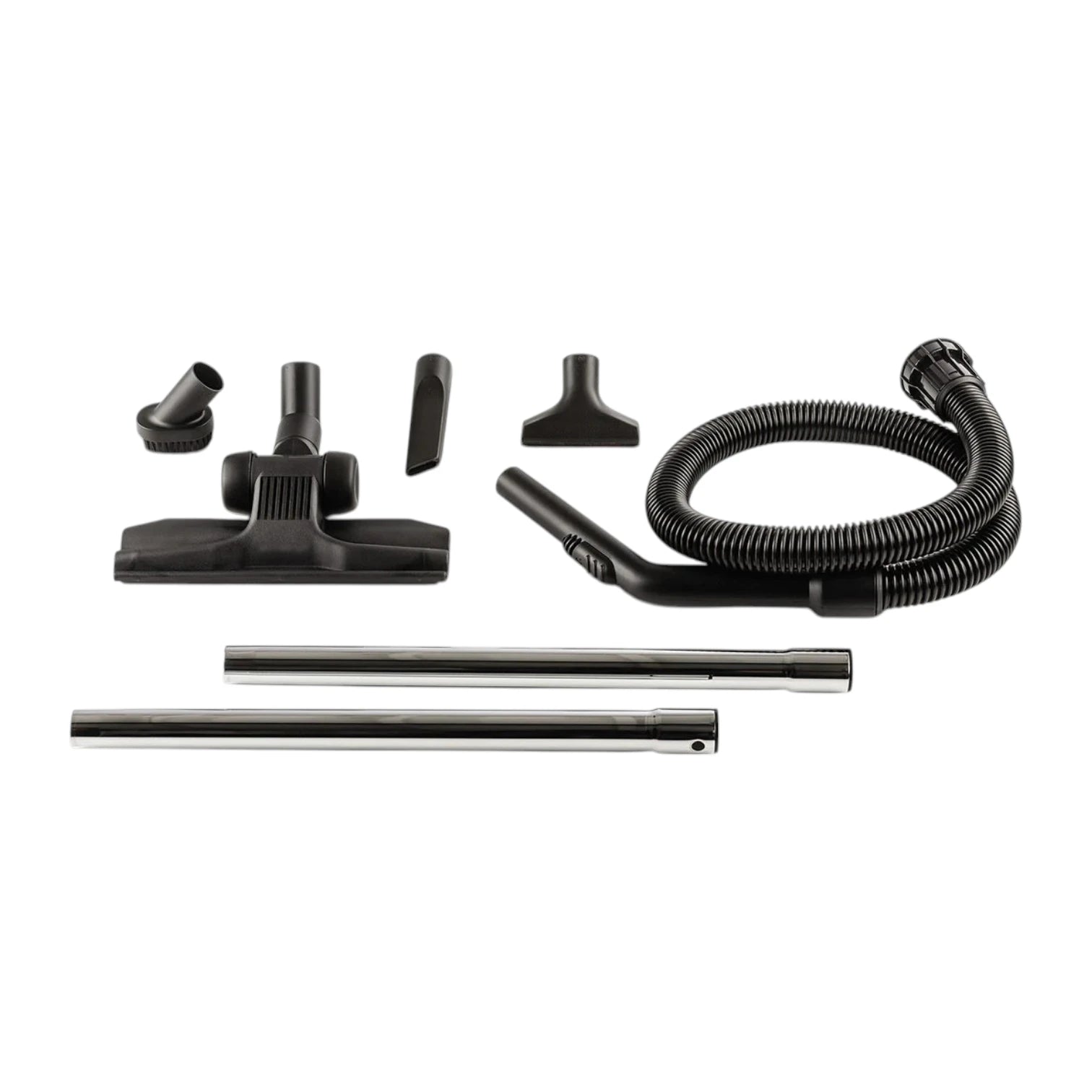 Black and silver vacuum cleaner attachment kit with a flexible hose, various nozzle attachments, and two long metal rods, displayed on a solid white background.
