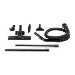 Black and silver vacuum cleaner attachment kit with a flexible hose, various nozzle attachments, and two long metal rods, displayed on a solid white background.