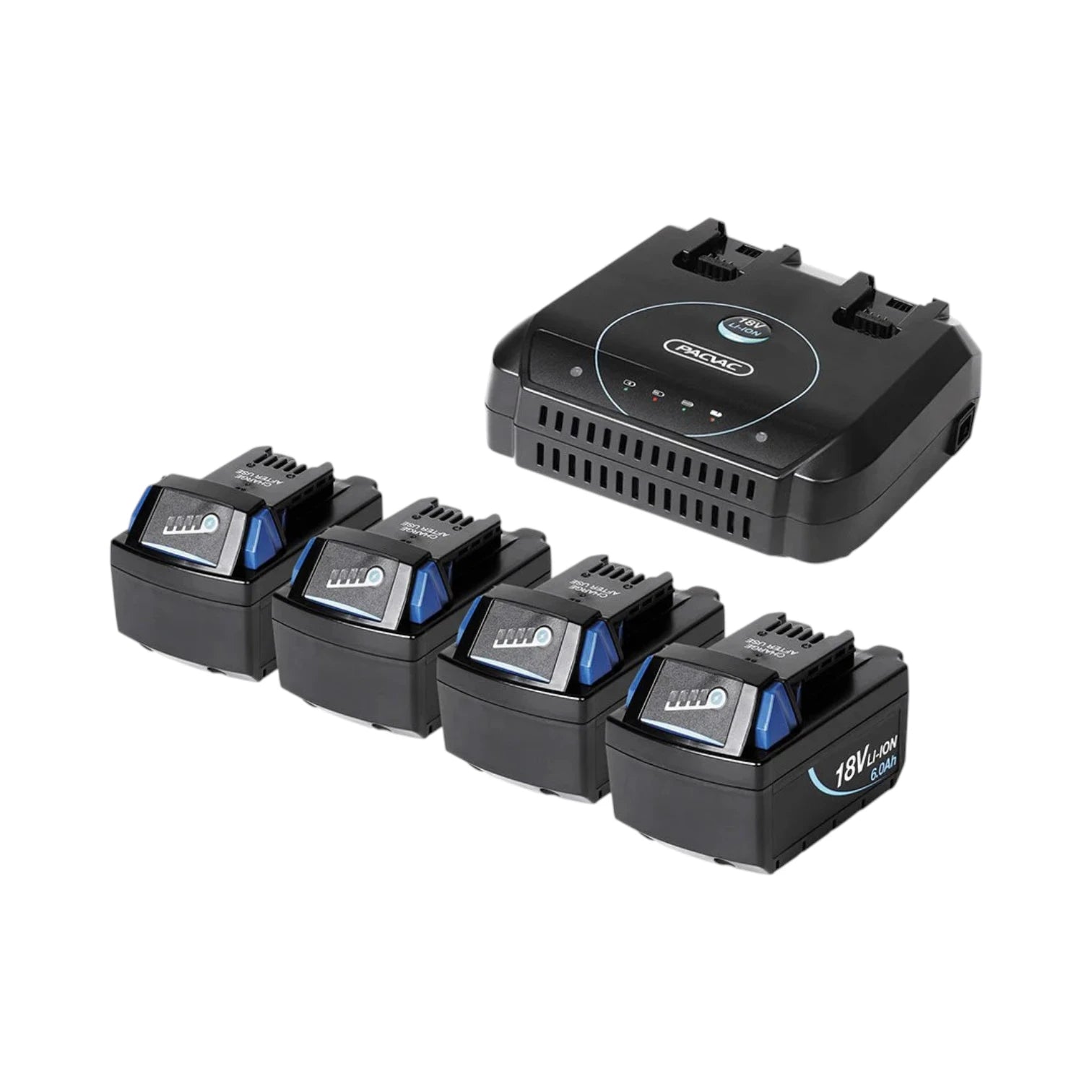 A 4-pack of black 18V cordless battery tools with a black dual-port battery charger, shown on a clean white background.