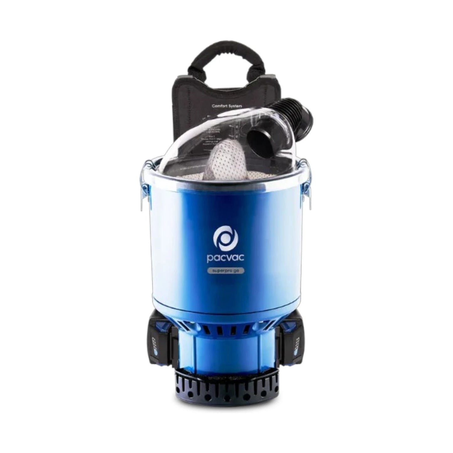 A blue and black Pacvac backpacking vacuum cleaner with a clear plastic hood and a black carrying case, shown on a solid white background.