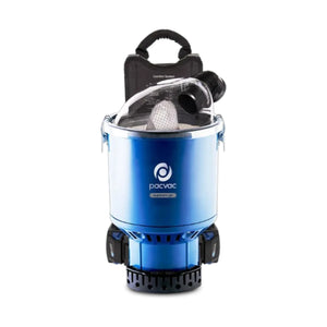 A blue and black Pacvac backpacking vacuum cleaner with a clear plastic hood and a black carrying case, shown on a solid white background.
