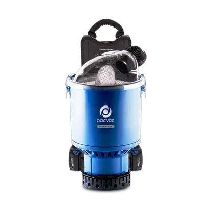 A blue and black Pacvac backpacking vacuum cleaner with a clear plastic hood and a black carrying case, shown on a solid white background.