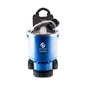 A blue and black Pacvac backpacking vacuum cleaner with a clear plastic hood and a black carrying case, shown on a solid white background.