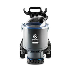 Pacvac SP200 backpack vacuum cleaner with a dark gray body, black mounting straps, and a clear top dust cover, shown on a white background.
