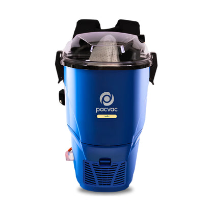 A blue Pacvac wet vacuum cleaner with a clear dust cup and black straps, shown against a plain white background.