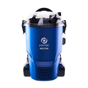 A blue and black Pacvac Vele Go cordless vacuum cleaner, shown from a front-facing perspective on a solid white background.