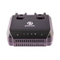 A black Pacvac dual battery charger with a white logo on the top, shown from a front-facing perspective against a plain white background.