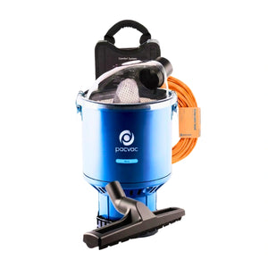 A Pacvac cordless vacuum cleaner with a metallic blue canister body, black handle and floor head, and an orange power cord, shown on a plain white background.