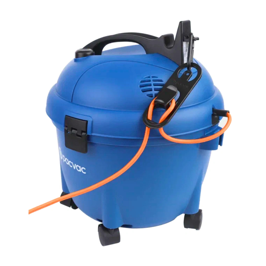 Blue and black DociVac cordless wet/dry vacuum cleaner with an orange cord, shown on a white background.