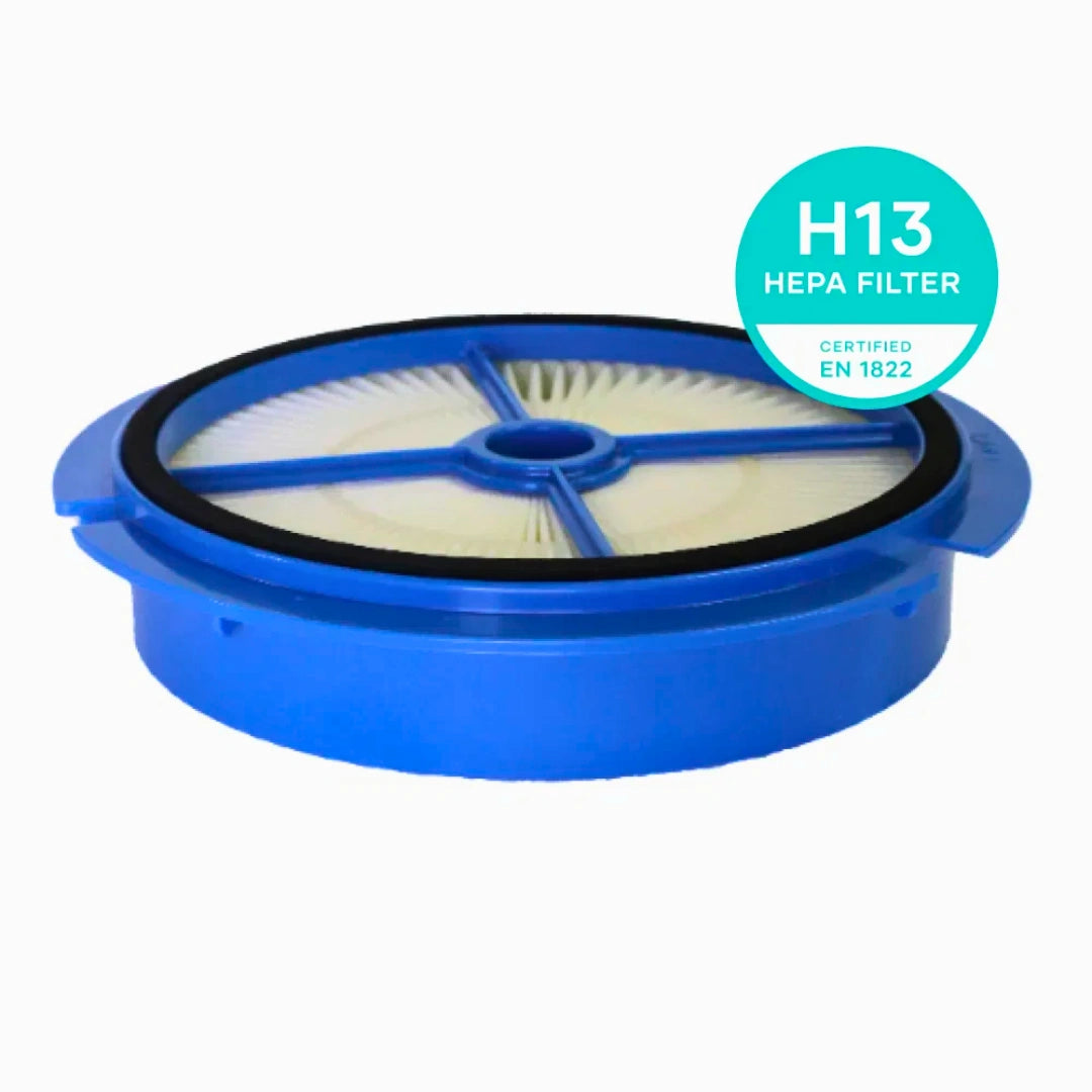 Blue circular vacuum filter cartridge with white pleated inner material and a black rubber gasket, shown on a white background with a teal H13 HEPA FILTER certification badge in the top right.